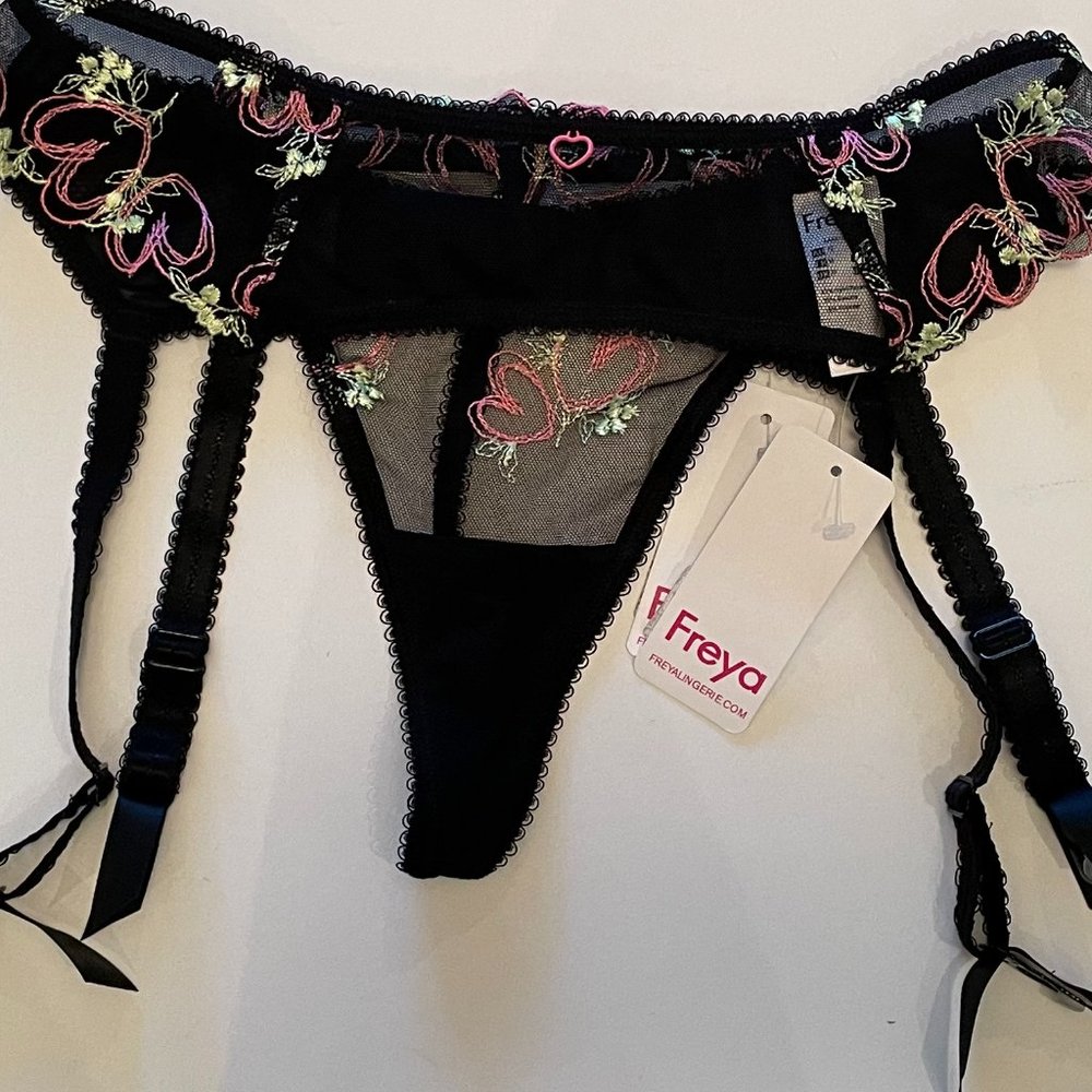 BNWT Freya UW Loveland Panty Garter Set Black Pink Green Medium